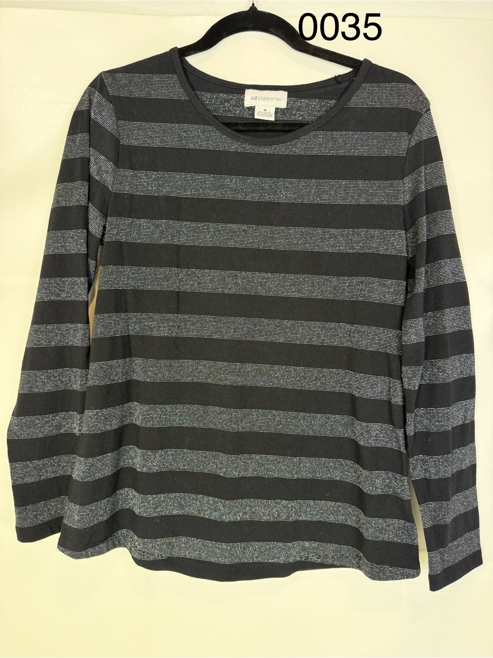 Liz Claiborne Black and Gray Striped Crewneck Top